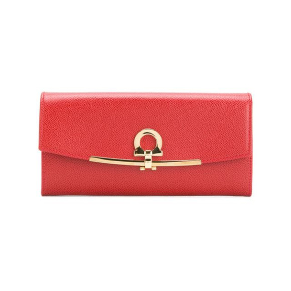 Salvatore Ferragamo Gancini continental wallet RED Gold Leather Clutch Large - Picture 1 of 11